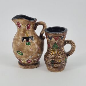 Native American Southwest Bright Color Symbol Pottery Pitcher Vase Set Of 2